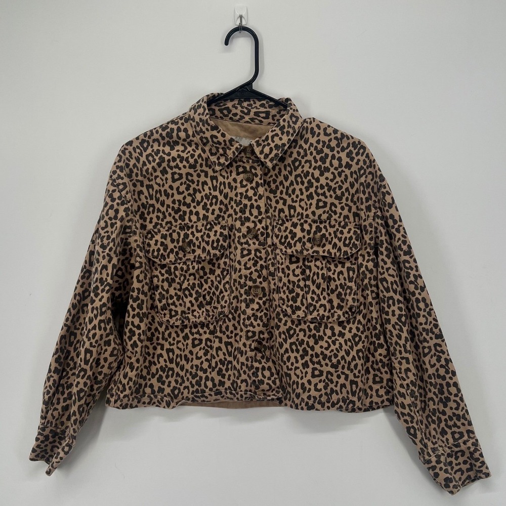 American Eagle Leopard Print Cropped Jacket Tan Black Animal Print Utility M
